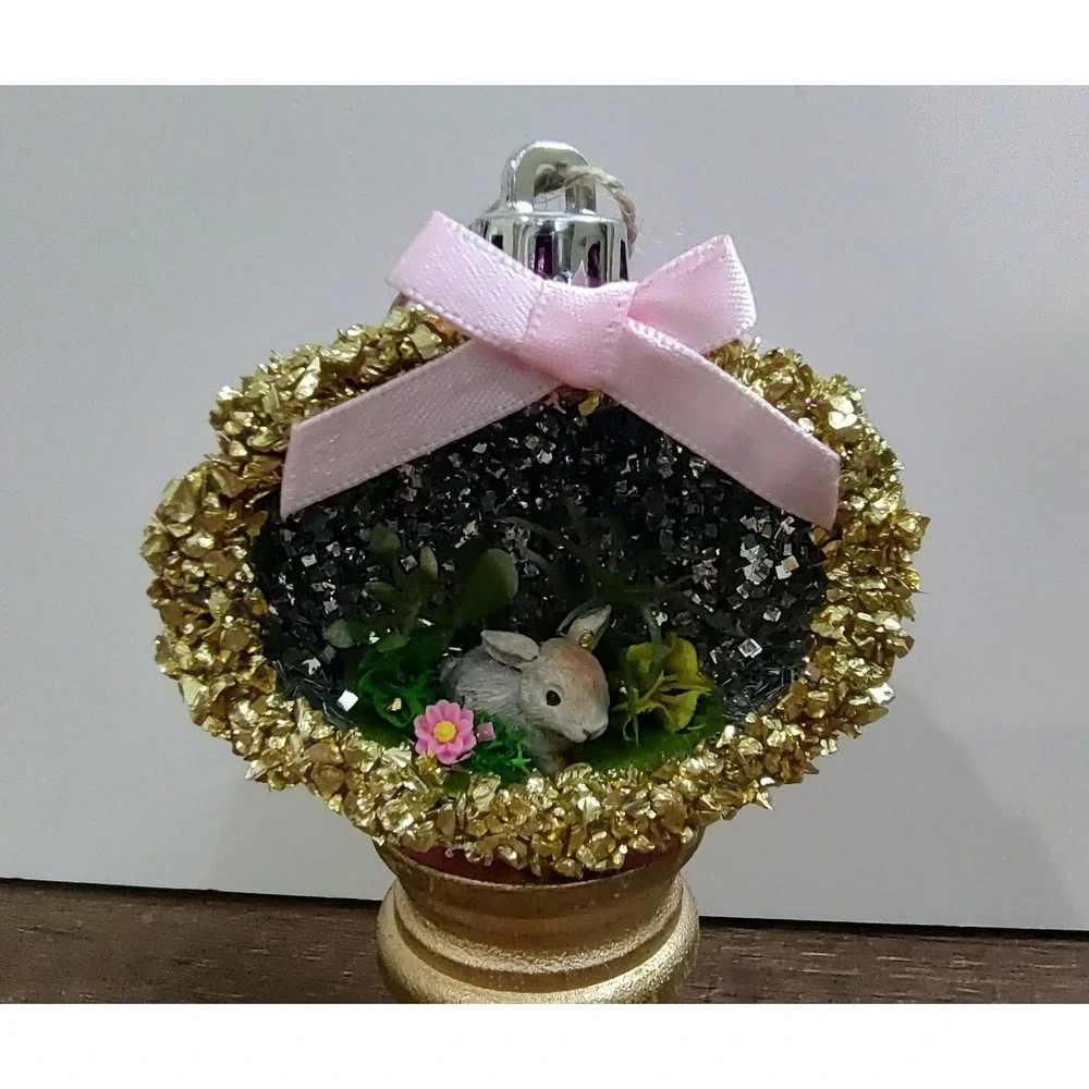Bunny Rabbit Christmas Ornament Handmade Vtg Style OOAK Shatterproof Diorama